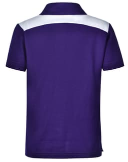 A purple children's polo shirt with a white stripe across the back and a logo.