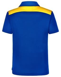 A blue polo shirt with a yellow collar and back section, featuring a logo on the side.