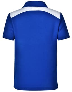 A blue children's polo shirt featuring a white shoulder design and a logo on the back.
