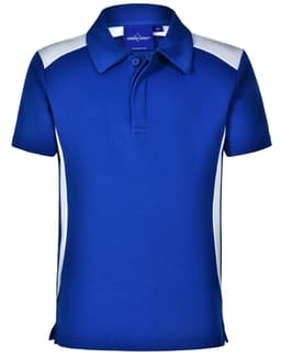 A blue children's polo shirt featuring white side panels and a collar, with a branded logo.