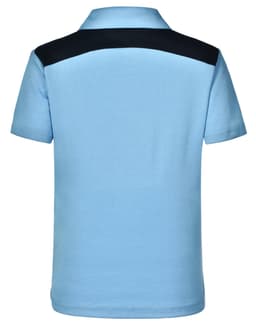 Light blue children's polo shirt with a black shoulder panel and a logo on the back.