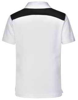 A children's polo shirt in white with a black back panel and a logo.