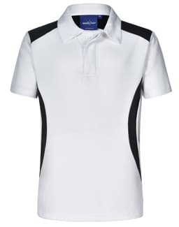 A white children's polo shirt with black side panels and a collar, featuring a logo on the upper section.