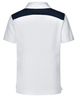 A white children's polo shirt with a navy back panel, featuring a collar and short sleeves. It has a logo.