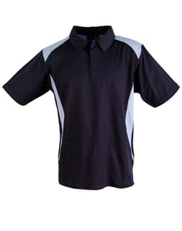 A navy polo shirt with light blue accents and a collar, featuring a logo.