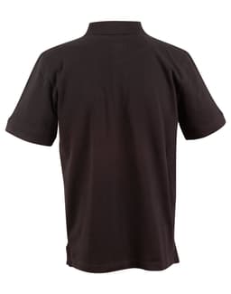 A black men's polo shirt with a classic collar and short sleeves, featuring a logo on the back.