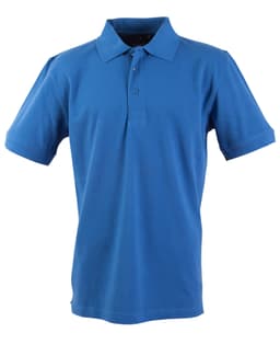 A blue Men's Longbeach Polo with a classic collar and short sleeves, featuring a logo.
