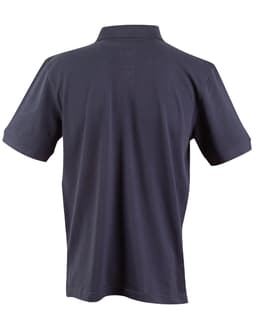 A navy blue men's polo shirt with a classic collar and short sleeves, featuring a logo on the back.