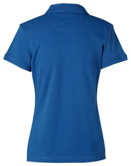 A blue ladies' polo shirt with a classic design and a logo on the back.