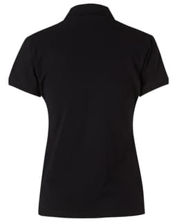 A black ladies' polo shirt with a classic collar and short sleeves, featuring a small logo.
