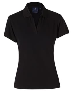 A black ladies' polo shirt with a collared neckline and short sleeves. It features a logo on the chest area.