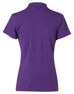 A purple ladies' polo shirt featuring a classic short sleeve design and a collar, with a logo on the back.