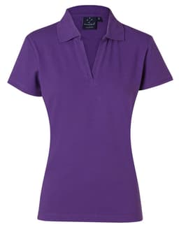 A purple ladies' polo shirt with a collared neckline and short sleeves, featuring a logo on the front.