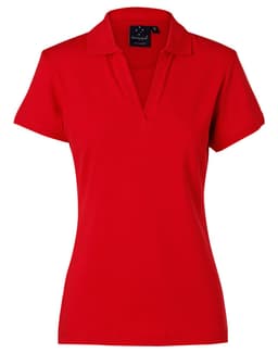 A red ladies' polo shirt with a collared neck and short sleeves, featuring a brand logo.