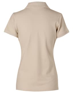 A beige ladies' polo shirt featuring a collar and short sleeves, with a logo on the back.