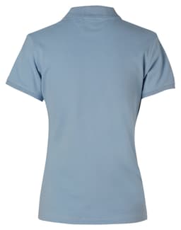 A light blue polo shirt with a classic collar and short sleeves, featuring branding on the back.