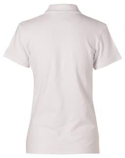 A women's white polo shirt featuring a collar and short sleeves. The shirt has a logo on the back.