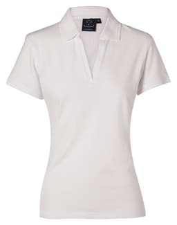 A white Ladies' Longbeach Polo shirt with a collar and a logo on the label.