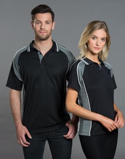 A black and grey men's polo shirt featuring a logo, modelled by a man and woman.