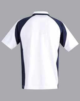Men's polo shirt featuring a white body with navy blue sleeves and a logo. Back view shown.