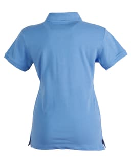 A light blue polo shirt with a collar and short sleeves, featuring side slits and a logo.