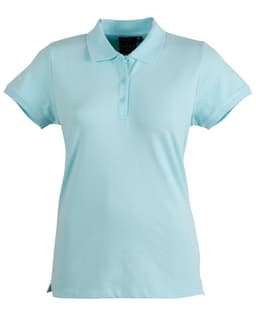 A light blue polo shirt with a collar and short sleeves, featuring a button placket and a logo.