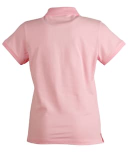 A pink polo shirt with a collar and short sleeves, featuring a logo on the side.