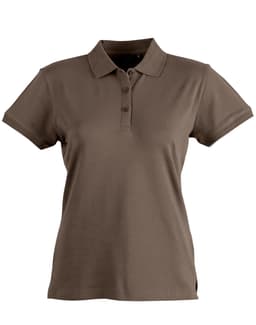 A brown ladies' polo shirt with a collar, three buttons, and short sleeves. It features a logo on the chest.