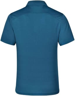A short-sleeved polo shirt in a deep teal colour, featuring a collar and a logo on the back.