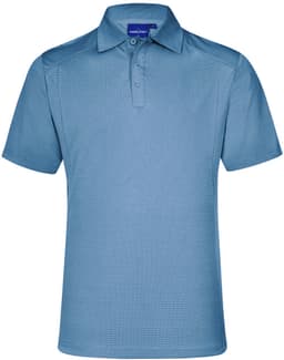 A blue men's polo shirt with a classic collar and a three-button placket. It features branding on the inside collar.