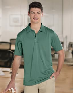 A green men's polo shirt featuring a classic design and a logo. Suitable for casual or semi-formal wear.