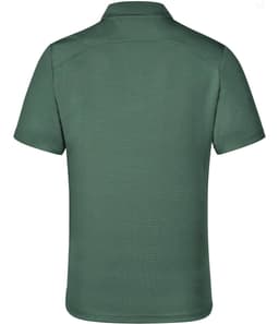 A green men's polo shirt with a classic collar and a logo on the back.