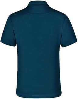 A back view of a navy blue polo shirt with a collar, featuring a logo on the side.