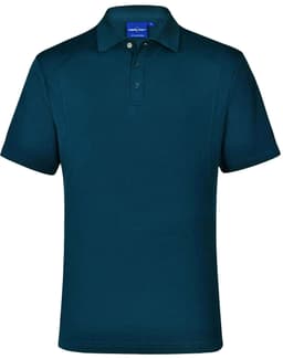 A dark navy polo shirt with a collar, featuring a button-up placket and a logo.