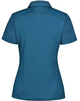 A teal ladies' polo shirt with a collar, featuring a logo and a fitted silhouette.