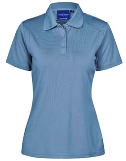 A blue ladies' polo shirt with a collared neckline and three-button placket, featuring a brand logo.