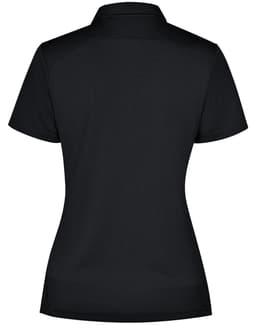 A black ladies' polo shirt featuring a collar and a fitted design, with a branding logo on the back.