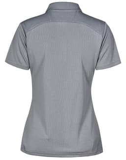A grey polo shirt with a fitted design and a collar, featuring a logo on the back.