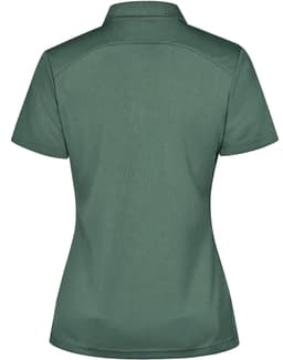 A women's polo shirt in dark green with a classic collar and a fitted silhouette, featuring a logo.