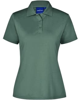 A green women's polo shirt with a collar and three buttons, featuring a logo on the upper section.