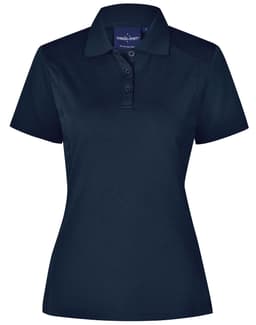 A navy blue ladies' polo shirt with a collar, short sleeves, and a button-up front. It features a logo on the chest.