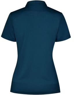 A dark teal polo shirt featuring a collar and short sleeves, with a logo on the back.