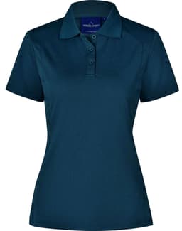 A teal polo shirt with a collared neckline and three-button placket, featuring a logo on the chest.