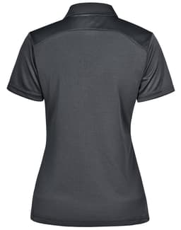 A dark grey ladies' polo shirt with a collar and a logo on the back.