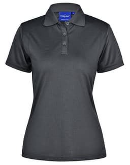A women's polo shirt in dark grey with a classic collar and buttons, featuring a logo on the chest.