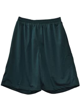 Dark green kid's basketball shorts made from lightweight fabric, featuring an elastic waistband and a logo.