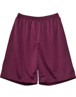 Maroon kid's basketball shorts featuring an elastic waistband, with a breathable fabric design and a logo.