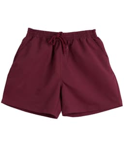 Burgundy kids' microfibre shorts with an elastic waistband and drawstring. Features side pockets and a branding logo.