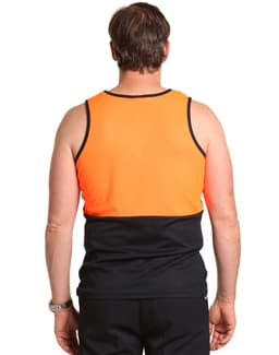A safety singlet featuring a bright orange upper section and black lower portion, with a logo displayed.