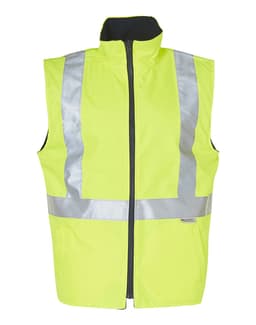 A bright yellow reversible safety vest with silver reflective 3M tape in a hoop pattern, featuring a zip closure.